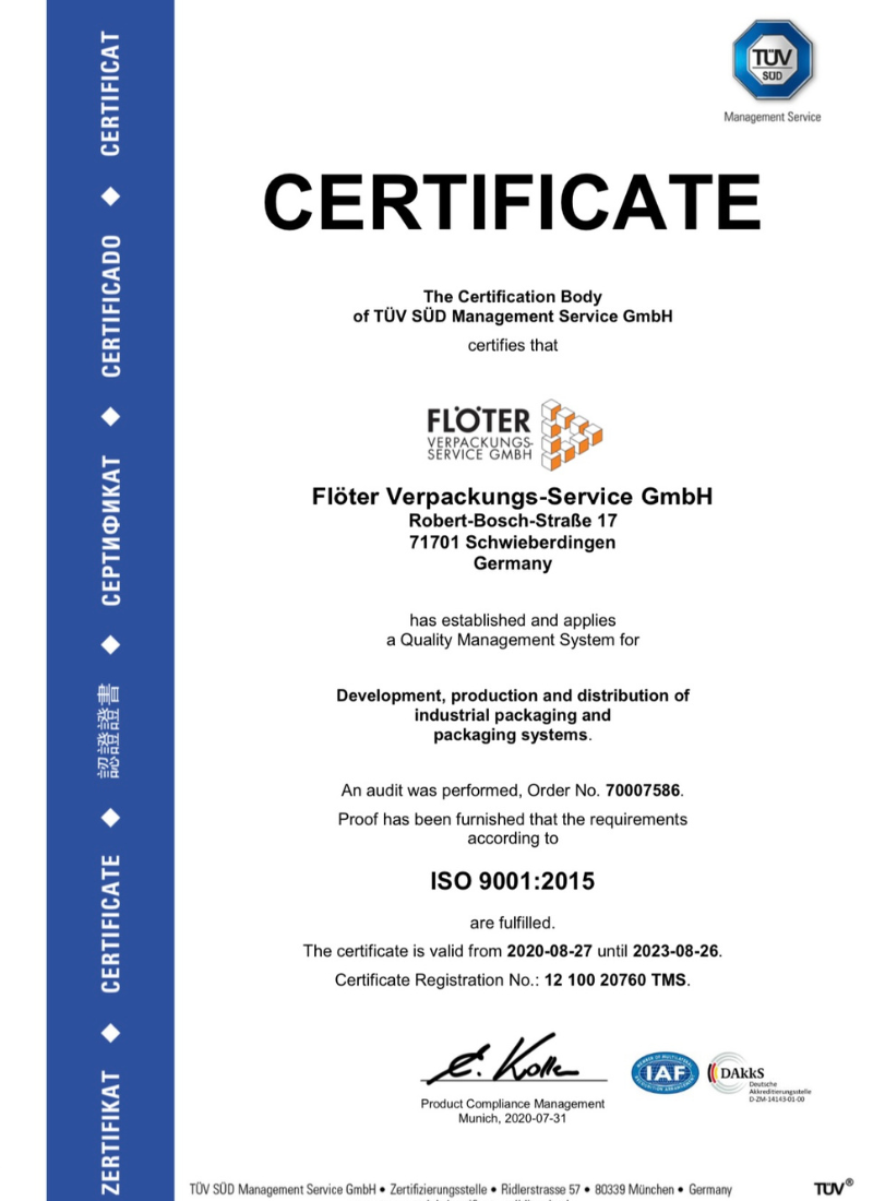 Flöter Verpackungs-Service GmbH ISO 9001 2015